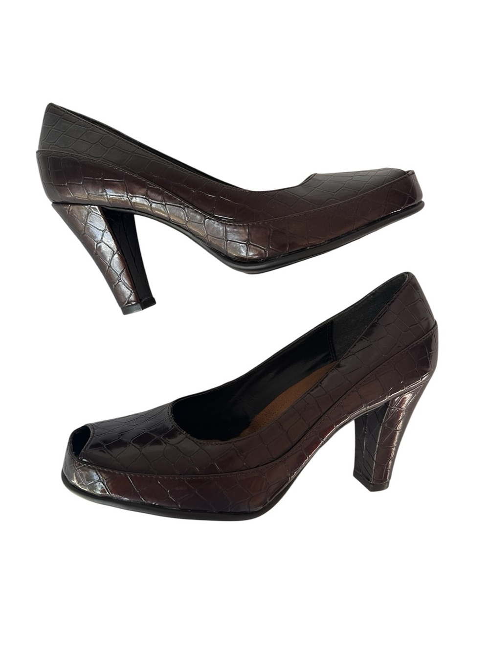AEROSOLES Dark Brown Croc-Embossed Peep-Toe Heels, Size 9